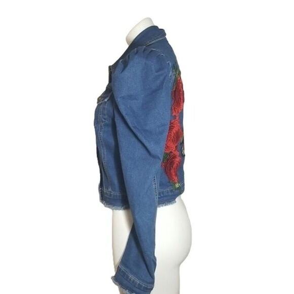 Denimland Tiger Rose Puff Shoulder Denim Jean Jacket - Picture 6 of 8
